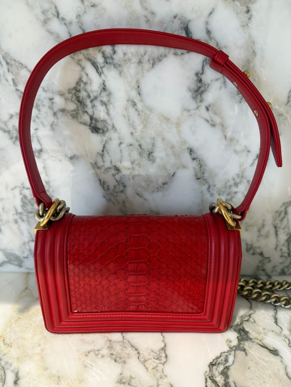 CHANEL Red Quilted Python Boy Bag with Gold-Tone Hardware - Picture 6 of 9